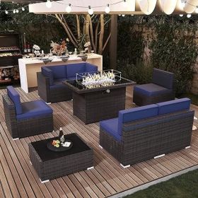 7/8 Pieces Outdoor Patio Furniture Set with Fire Pit Table Rattan Sectional Sofa Conversation Sets Moden Set for Garden (Color: 8-brown Navy)