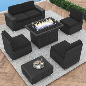 7/8 Pieces Outdoor Patio Furniture Set with Fire Pit Table Rattan Sectional Sofa Conversation Sets Moden Set for Garden (Color: 7-black Black)