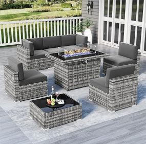 7/8 Pieces Outdoor Patio Furniture Set with Fire Pit Table Rattan Sectional Sofa Conversation Sets Moden Set for Garden (Color: 8-grey Grey)