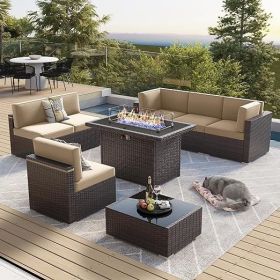 7/8 Pieces Outdoor Patio Furniture Set with Fire Pit Table Rattan Sectional Sofa Conversation Sets Moden Set for Garden (Color: 8-brown Beige)