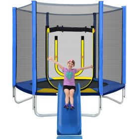 7FT Trampoline for Kids with Safety Enclosure Net, Slide and Ladder, Easy Assembly Round Outdoor Recreational Trampoline (Color: as Pic)