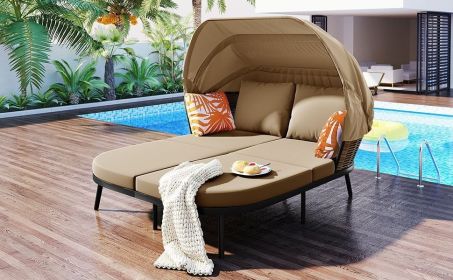 TOPMAX 74.8" L Patio Daybed with Retractable Canopy, Outdoor Rattan PE Wicker Back Loveseat Sofa Set with Throw Pillows and Cushions for Backyard (Color: as Pic)